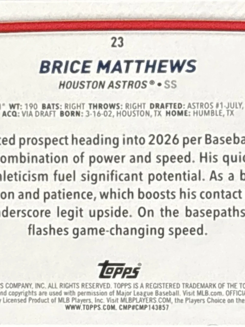 Topps Houston Astros Brice Matthews Rookie Card